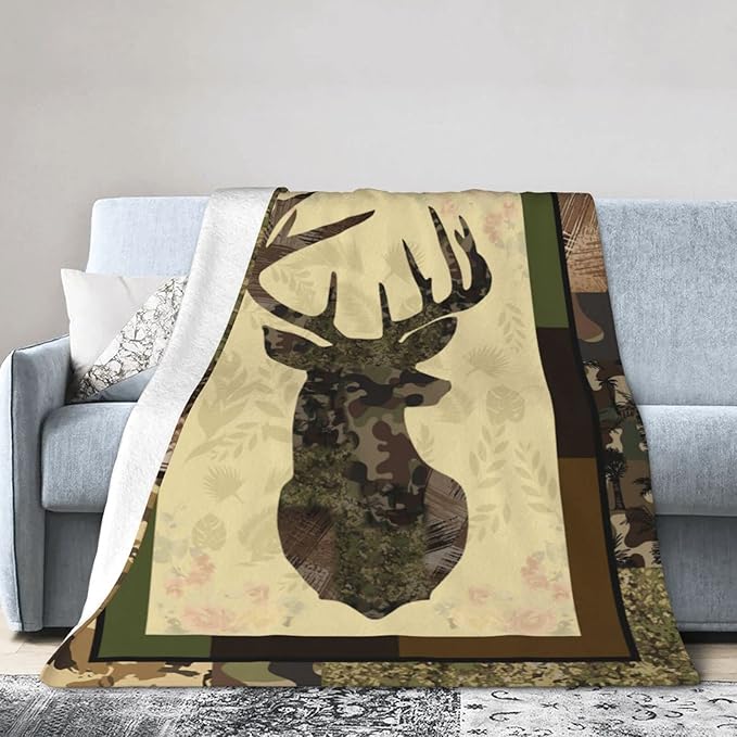Deer Camouflage Throw Blanket Cozy Plush Camo Hunting Flannel Fleece Ultra Soft Blankets Unisex Lightweight Fuzzy Party Blanket Gifts for Adult Men Bed Couch Sofa Kids 60"x50"