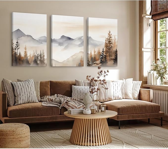 Neutral Mountain Wall Art Decor Set of 3 Forest Canvas Wall Art Poster Landscape Wall Art Artwork Modern Pictures Abstract Painting Watercolor Prints for Living Room Bedroom 12x16 Inch Wrapped Canvas