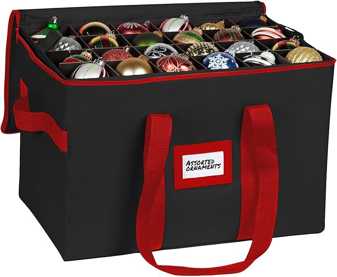 Christmas Ornament Storage Container,Box Stores Up to 96-3 inch ornaments, Adjustable Dividers, Large Organizer Bin to Protect and Store Holiday Décor - Black