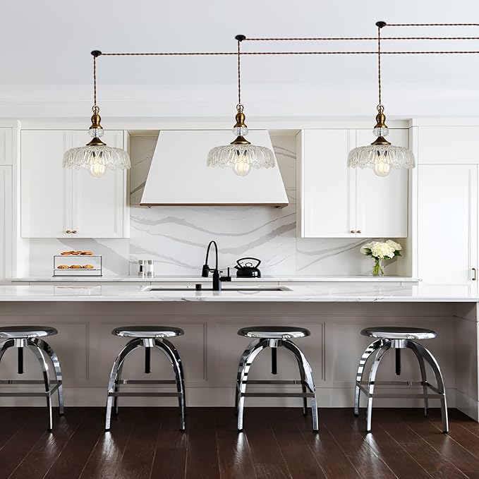 CVKASH Plug in Glass Pendant Light Fixture Brass Vintage Adjustable Chandelier Brushed Gold Hanging Ceiling Light for Farmhouse Hallway Bedroom Foyer Kitcken Dining Room Island