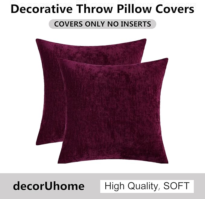 decorUhome Chenille Burgundy Christmas Throw Pillow Covers 26x26 Inch Set of 2, Decorative Soft Couch Pillow Covers Solid Dyed Accent Farmhouse Neutral Square Pillow Cases for Sofa