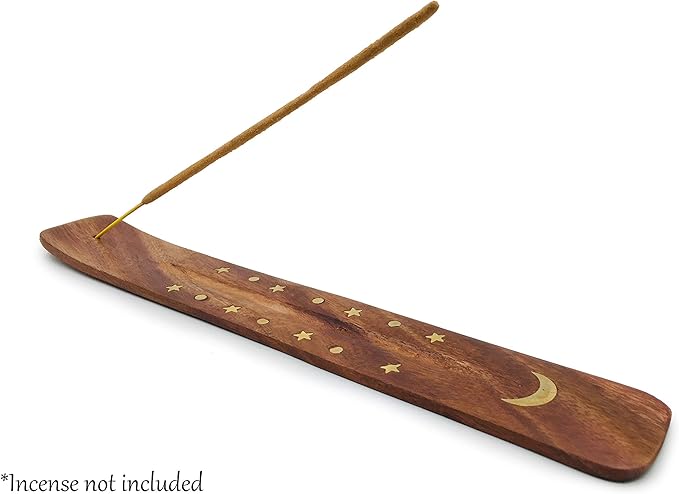 Moon and Stars Incense Holder - Wooden Ash Catcher with Celestial Design for Single Incense Sticks - Meditation Accessories, Spiritual Decor, Home Fragrance, Room Decor (10 Inches Long)