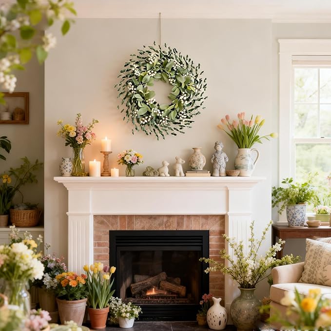 Bibelot Greenery Leaves Boxwood Wreath for Front Door, 22 Inch Green Wreath with White Berries & Lambs Ear, All Season Wreaths for Indoor Outdoor Home Decor