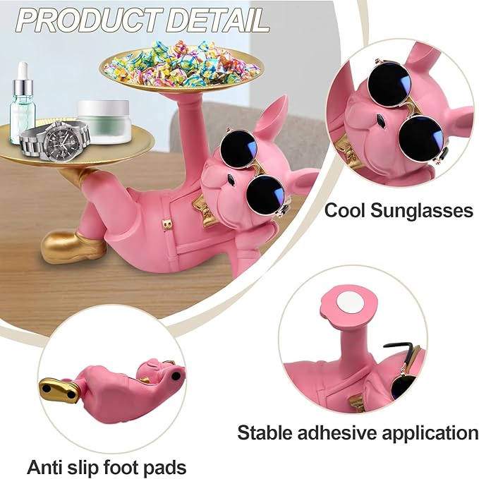 Resin French Bulldog Tray Statue, Lying Bulldog Candy Dish Key Holder Bowl, French Bulldog Accessories, Statues for Office Desk Home Decor Figurines Entryway Table Decor (Pink)