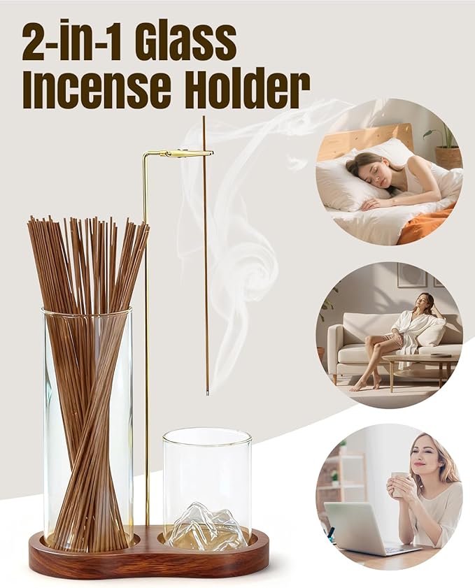 2-in-1 Walnut Wood Glass Incense Holder for Sticks, Anti-Ash Flying Incense Burner with Glass Ash Catcher & Incense Storage, Incense Stick Holder for Meditation, Yoga, Spa, and Home Decor