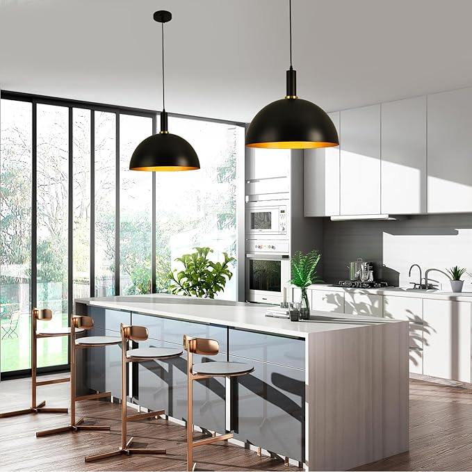 17.72" Large Pendant Lights Kitchen Island, Black and Gold Dome Pendant Lights, Modern Farmhouse Adjustable Black Industrial Metal Hanging Pendant Lightingfor Kitchen Island, Dining Room, Cafe, Bar