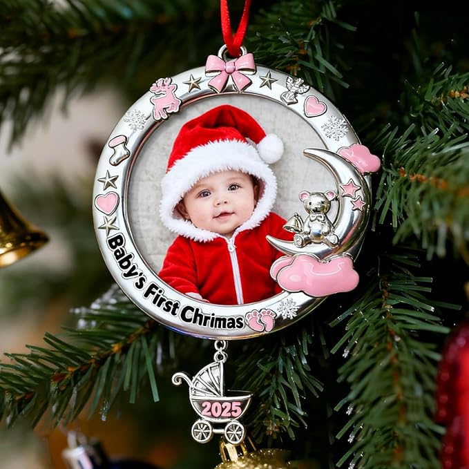Babys First Christmas Ornament 2025 My Very First Christmas Photo Frame 2025 Dated Metal Picture Frame Xmas Tree Decor Baby Keepsake Newborn Boys Girls Gifts for Son Daughter Grandson Granddaughter