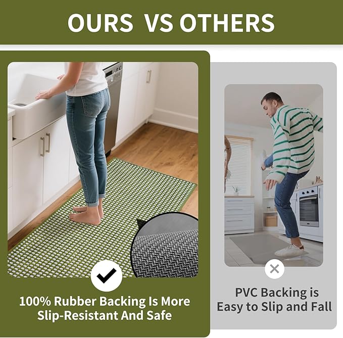 Long Kitchen Runner Rugs Kitchen Mat Non Slip Washable, Super Absorbent Soft Chenille Braided Kitchen Mats for Floor, Rubber Backing Kitchen Floor Sink Standing Mat, Easy Clean, Green 17"x71"