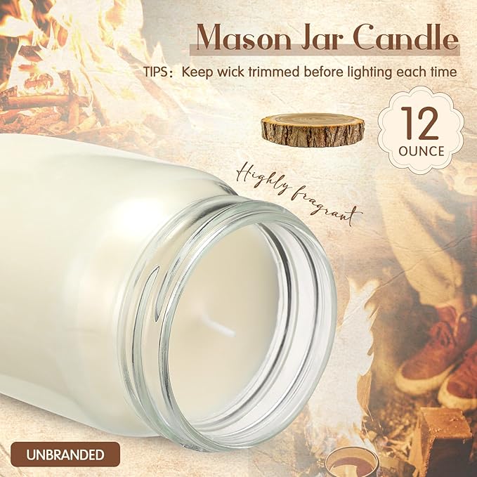 MTLEE 4 Pack 12 oz Mason Jar Soy Candle with Essential Oils Scented Soy Wax Candles for Home Valentine Christmas Wedding Birthday Gift Farmhouse Collection Baby Shower Party(Fireside Birch)