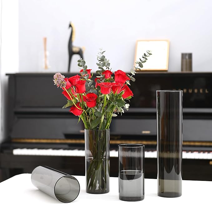 Flower Vase, Non-breakable Vases, 6" W x 14" H, Acrylic Grey Vase, Aesthetic Room Decor Cylindrical Modern Flower Vases for Table Centerpiece, Home Decor, Women Floral Arrangement Gift