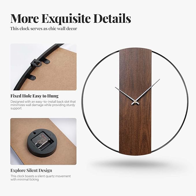 Wall Clock Decorative Modern Minimalist Wall Clocks for Living Room Decor, 20 Inch Silent Non Ticking Battery Operated Rustic Big Clock with Walnut Dial for Bedroom, Kitchen, Farmhouse, Office