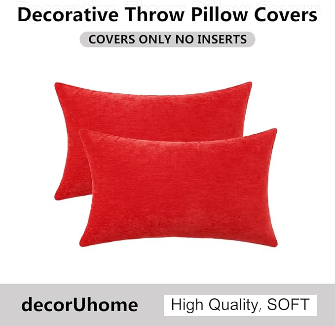 decorUhome Chenille Red Christmas Throw Pillow Covers 12x20 Inch Set of 2, Decorative Soft Couch Pillow Covers Solid Dyed Accent Farmhouse Neutral Rectangle Pillow Cases for Sofa