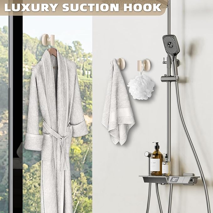Suction Cup Hooks for Shower - Bathroom Reusable Hooks for Towels, Robes & Loofah - No-Drill Mounting on Kitchen,Walls,Metal,Glass,Mirrors,Tile & Smooth Non-Porous Surfaces (4, Milk White)