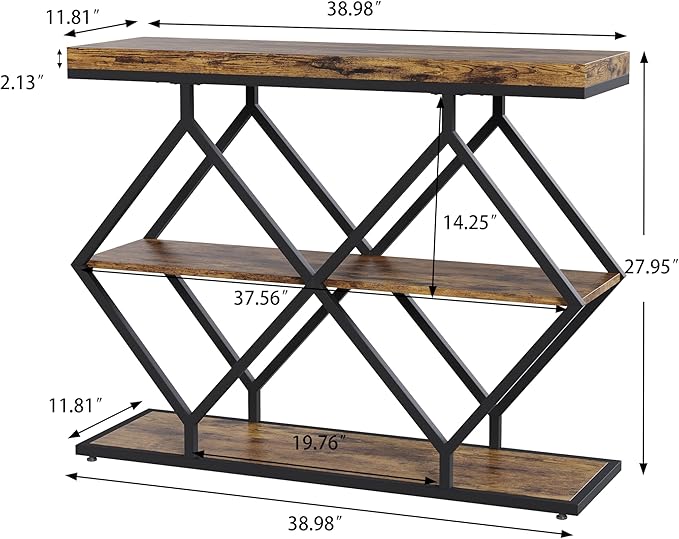 Garvee 3-Tier Entryway Table, Industrial Console Sofa Table with Storage, Accent Tables with Open Shelves, Diamond-Shaped Metal Frame, Foyer Tables for Entryway, Hallway, Rustic Brown