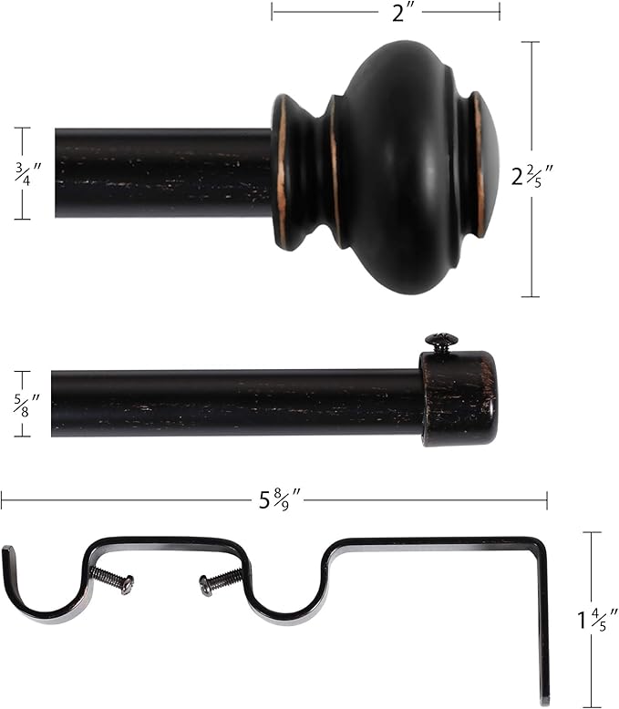 H.VERSAILTEX Elegant Window Treatment Telescoping Double Curtain Rod Set with Classic Cap, 3/4-Inch Diameter, Adjusts from 28 to 48 Inches, Black