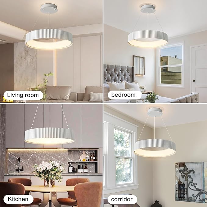 Modern LED Chandelier-18.5" White Dimmable Circular LED Pendant Light 1 Ring with Remote, Round Hanging Light for Kitchen Island, Dining Room, Living Room, Foyer, Entryway