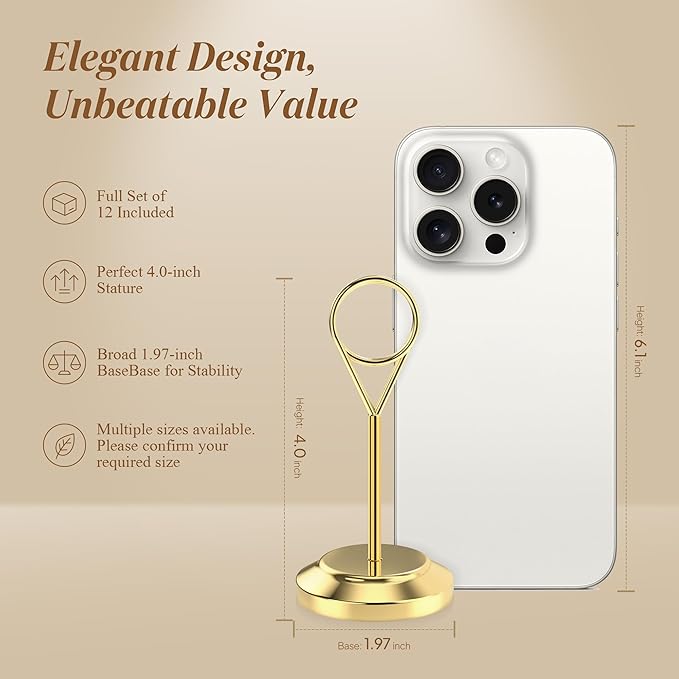 12 Pcs Gold Table Number Holders, 4 Inch Tall Place Card Holders for Table, Sturdy Photo Picture Holders with Anti-Tip Base for Wedding Reception, Party, and Event Centerpiece
