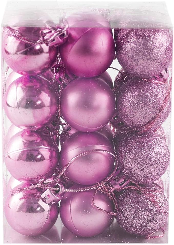 Bestjybt 24pcs 1.18" Small Christmas Ball Ornaments Shatterproof Christmas Decorations Tree Balls for Holiday Wedding Party Decoration, Tree Ornaments Hooks Included (Pink, 3cm/1.18")