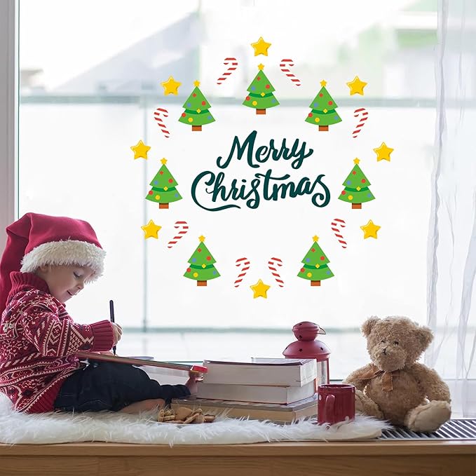 Merry Christmas Wall Decal, Festive Christmas Tree Wall Stickers with Candy Cane and Star Designs for Holiday Decor