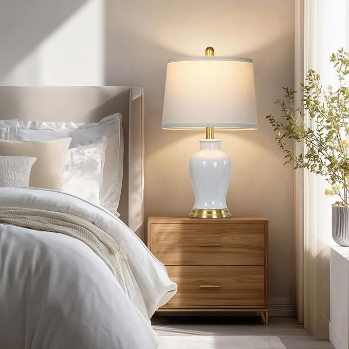 White Ceramic Table Lamps Set of 2, 23" Modern Ceramic Bedside Lamps with Ginger Jar Design, Farmhouse Lamp for Living Room End Table, Elegant Bedroom Lamp for Nightstand Desk Side Home Decor