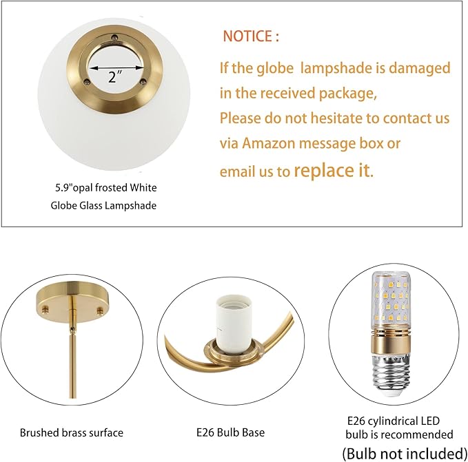 Modern Gold Globe Pendant Light Mid Century Chandelier 1-Light Brushed Brass Ceiling Hanging Lighting Fixture with White Globe Glass Shade for Kitchen Island Dining Room Bedroom
