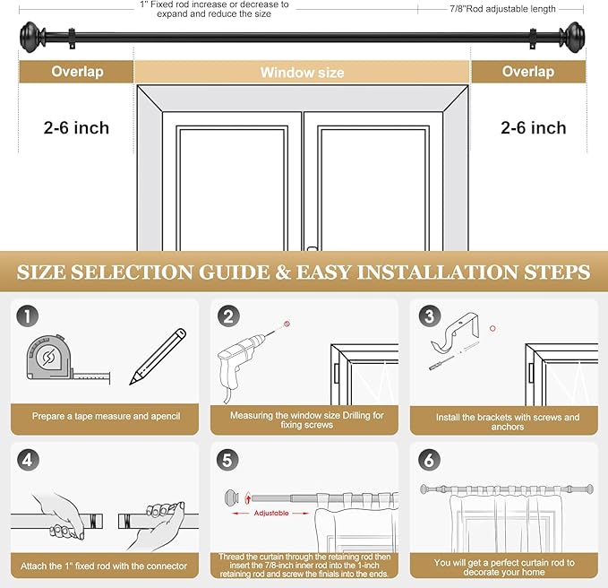 1 Inch Black Curtain Rods for windows,Heavy Duty Curtain Rods for Windows 48 to 84 Inch,Standard Decorative Window Curtain Rod Set with Brackets for bathroom Kitchen Bedroom Window