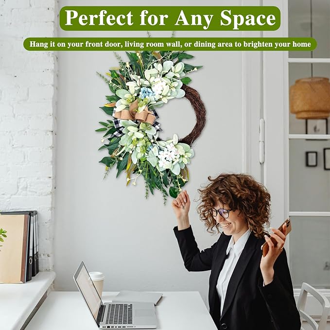 Front Door Wreaths for All Seasons Outdoor Indoor, 20'' Green Artificial Half Moon Wreath with Lambs Ear Eucalyptus Bow, Spring Summer Farmhous Porch Decor