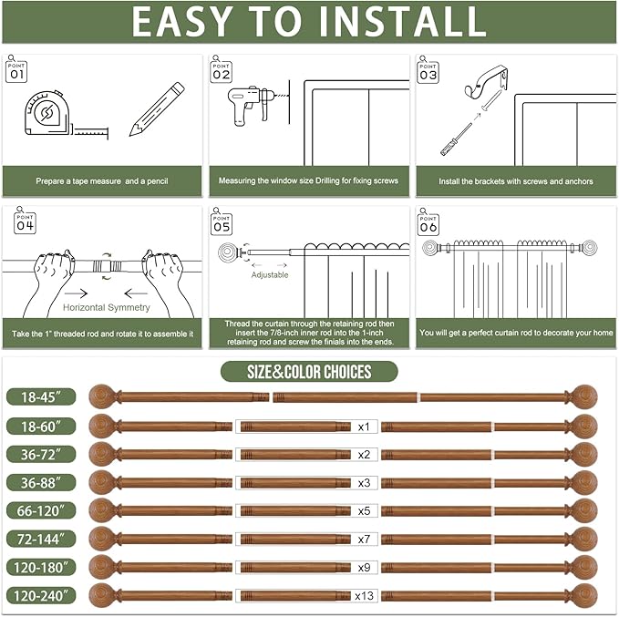 2 Pack Wood Curtain Rods for Windows 18 to 60 Inch,1 Inch Wood Grain Ball Adjustable Curtain Rod,Boho Heavy Duty Curtain Rods,Farmhouse Rustic Window Curtains Rods,Brown Drapery Rods Set 18-60"