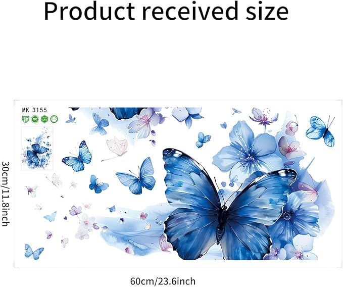 Blue Butterfly & Flower Watercolor Wall Decals – Large Removable Vinyl Stickers, Dreamy Wall Art for Bedroom, Living Room, Bathroom, or Office Decor