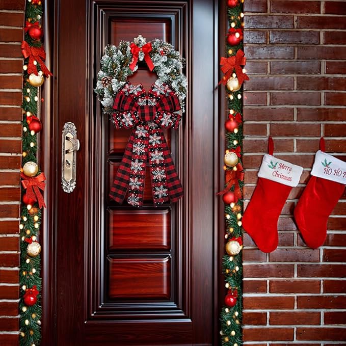 Large Christmas Wreath Bow - Red Velvet Buffalo Plaid Tree Topper Ribbon for Home Garden Indoor Outdoor Decoration Ornament Supplies