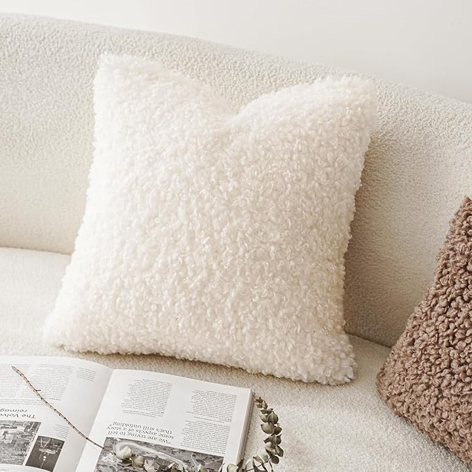 Foindtower 2 Pieces 16x16 Inch White, Faux Fur Throw Pillow Cover Accent Sherpa Pillow Fuzzy Soft Pillowcases Sheepskin Decorative Fleece Cushion Case for Bed Couch Living Room