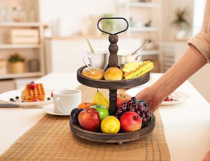 Farmhouse Wooden Decorative Two Tiered Trays+ Pu Leather Tray,Wood 2 Tier Serving Tray Stand for Rustic Table Centerpiece,Kitchen Decor,Coffee Bar, or Cupcake Stand (Brown)