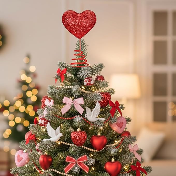 2 Pcs Valentine's Day Heart St Patrick's Day Mini Glitter Tree Topper, Romantic Heart Shamrock Metal Glitter Ornament Decorations for Valentines St Patrick's Irish Holiday Party