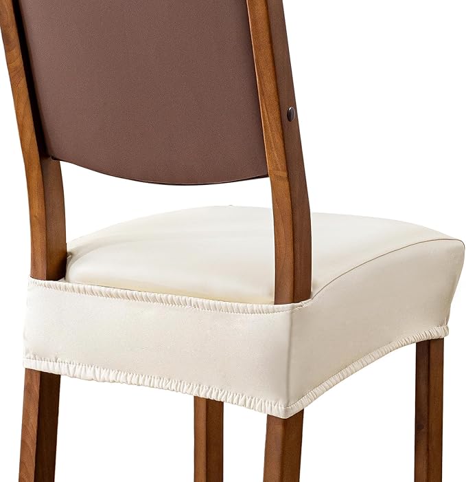 Waterproof Seat Covers for Dining Room Chairs Set of 6 - PU Leather Removable Washable Chair Seat Slipcovers, Rear Covers (Beige)