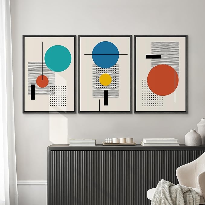 SIGNWIN Framed Canvas Wall Art Colorful Boho Decorative Art Geometric Patterns Illustrations Abstract Bohemian Urban Multicolor Metallic for Home Office - 24" x 36" x 3 Panels Black