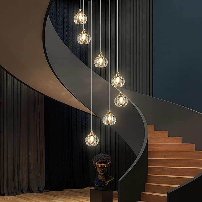 Crystal Chandeliers for Staircases, 7-Light Gold Modern Chandeliers for High Ceilings，Crystal Pendant Light Fixture for Living Room Kitchen Island Foyer Hallway Bar