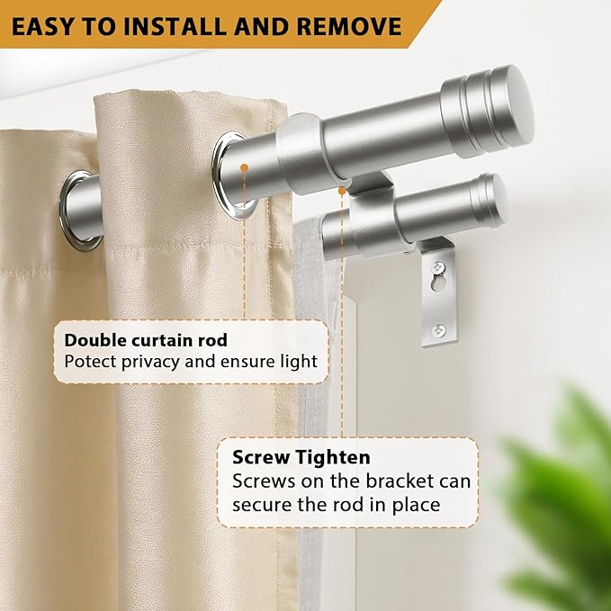 TONIAL1 Inch Double Curtain Rods 140 to 195 Inches, Heavy Duty Decorative Long Drapery Rod for Windows 128 to 190 Inches (5.75 to11.7 ft) with Classic Cap Finial, Antique Silver
