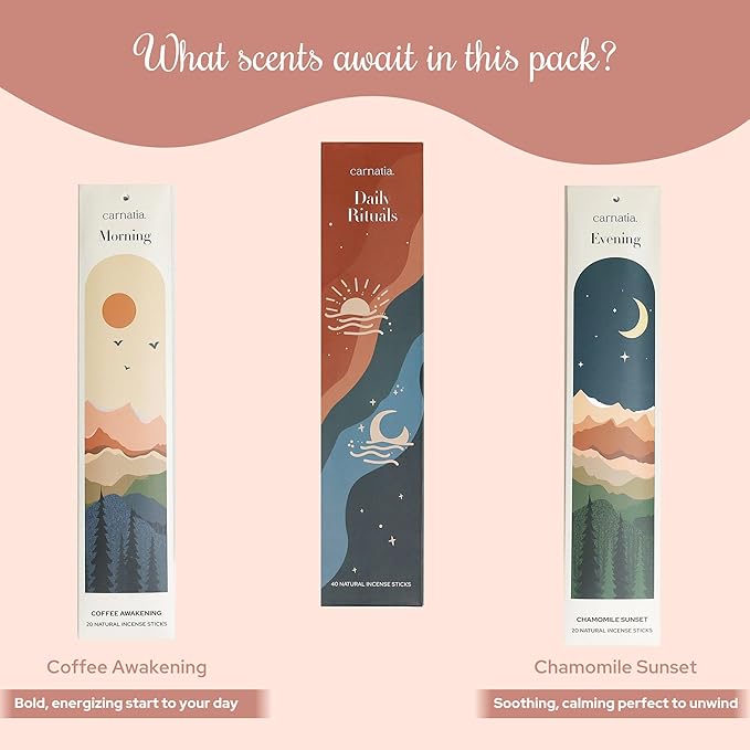 Carnatia Daily Rituals Incense Sticks Set – Coffee & Chamomile Scents for Morning Energy & Evening Relaxation | 100% Natural, Handcrafted Incense for Daily Wellness & Mindful Moments