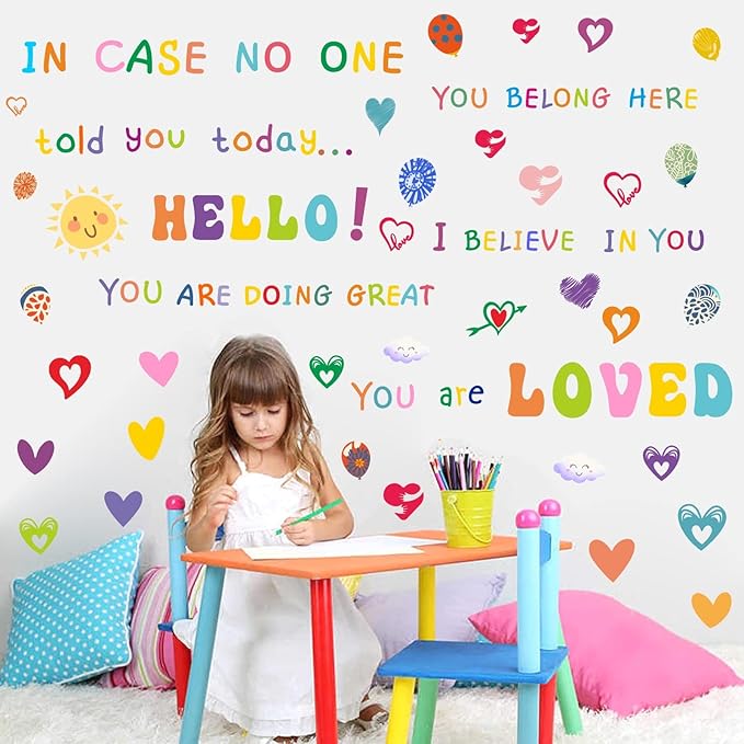 Colorful Inspirational Wall Decals,Motivational Sayings Wall Stickers,Multicolor Classroom Quotes Vinyl Decals,Balloons Sun Positive Phrases Sticker for Nursery Kids Room Bedroom Walls Decor