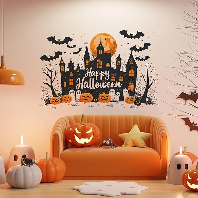 Halloween Wall Decals – Skeleton Pumpkin Stickers with Witch Hat, Bats, Black Cats & Stars, Removable Vinyl Decorations for Party or Home Decor