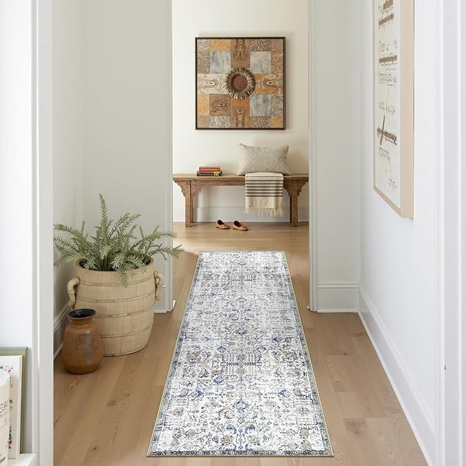 jinchan Kalen Runner Rug 2x6 Washable Hallway Rug Vintage Runner Indoor Floor Cover Thin Retro Distressed Floral Country Non Slip Carpet for Entryway Bathroom Kitchen Bedroom Living Room Blue