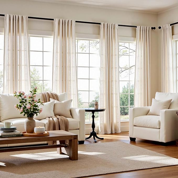 jinchan Linen Smei Sheer Curtains 90 Inch Length 2 Panels Set Light Filtering Window Curtains for Living Room Bedroom Farmhouse Drapes for Home Decor Drapes, Back Tab, Linen Natural, 50W x 90L