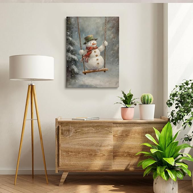 Funny Christmas Wall Art - Swinging Snowman Poster, Winter Seasonal Decor Art, 16x24inch Unframed