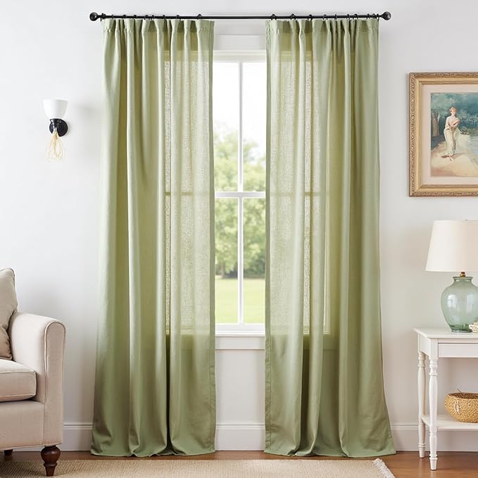 jinchan Linen Blend Curtains 108 inch Extra Long 2 Panels for Bedroom Living Room, Light Filtering 50 inch Wide Farmhouse Drapes with Rod Pocket Back Tab(50W x 108L, Sage Green)