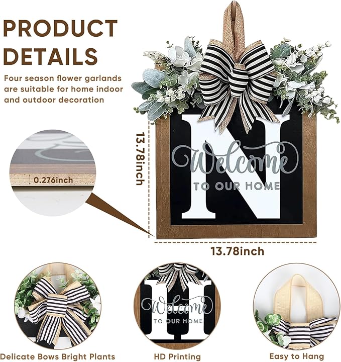 Ultra Large 14'' Last Name All Year Round Front Door Wreath with 26 Initial Letter Welcome Sign All Seasons Eucalyptus Garland and Bow Wreaths for Front Door Porch Farmhouse Decoration (N)