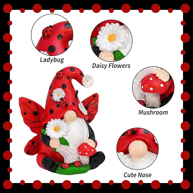 Ladybug Gnome Decorations - Resin Figurines for Spring Kitchen, Summer Garden, Lawn and Outdoor Decor - Gifts for Women