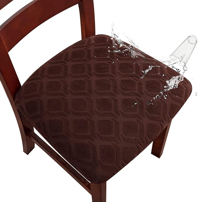 Genina Waterproof Seat Covers for Dining Room Chairs, Stretch Chair Covers Removable Washable Dinning Room Kitchen Chair Seat Cushion Slipcovers (Jacquard-Chocolate, 2 PCS)