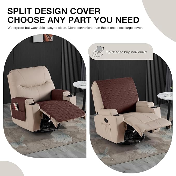 VANSOFY Recliner Chair Covers 100% Waterproof Seat Cover with Arm Reclining Cover Non-Slip Recliner Chair Covers Furniture Protector Washable Slipcover with Pocket for Pets, Dogs(Coffee, 28")