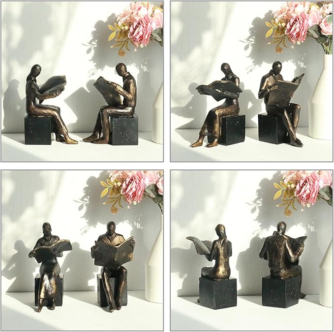 Lukitas Decorative Newspaper Reader Bookends, Heavy Duty Book Holder Non-Slip, Vintage Home Décor Accessories for Study Office Bookshelf, Bronze, Resin, 1Pair/2Piece 8''