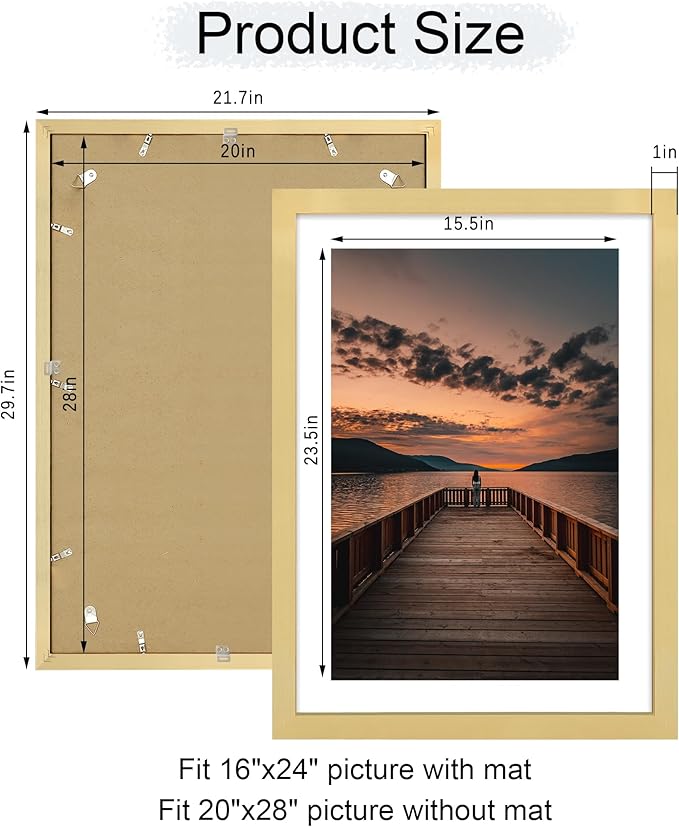 20x28 Poster Frame Set of 2, 20 x 28 Wood Picture Frames with Mat for 16x24, Wooden Photo Frame with Tempered Glass Cover for Wall Mounting Display, Gold